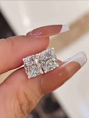 Silver Tone Cubic Zirconia Square Stud Earrings - Clear New